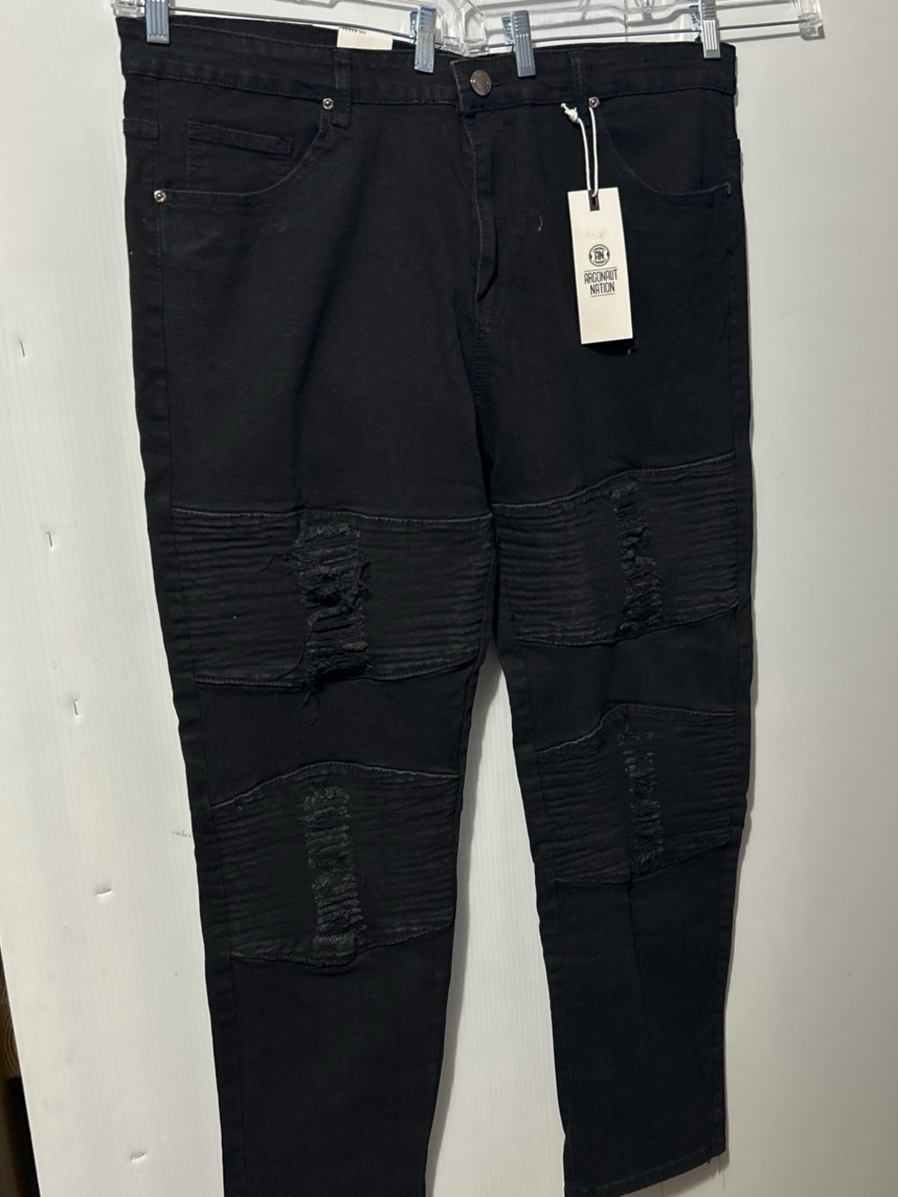Men's Black Straight Jeans with Distressed Knee Panels -